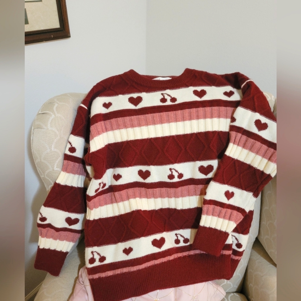 Hearts & Cherries Festive Burgundy and Off-White Crew Neck Sweater